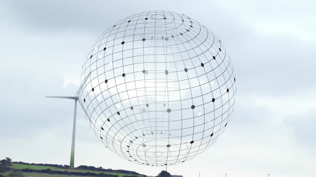 Animación de globo sobre turbina eólica y paisaje