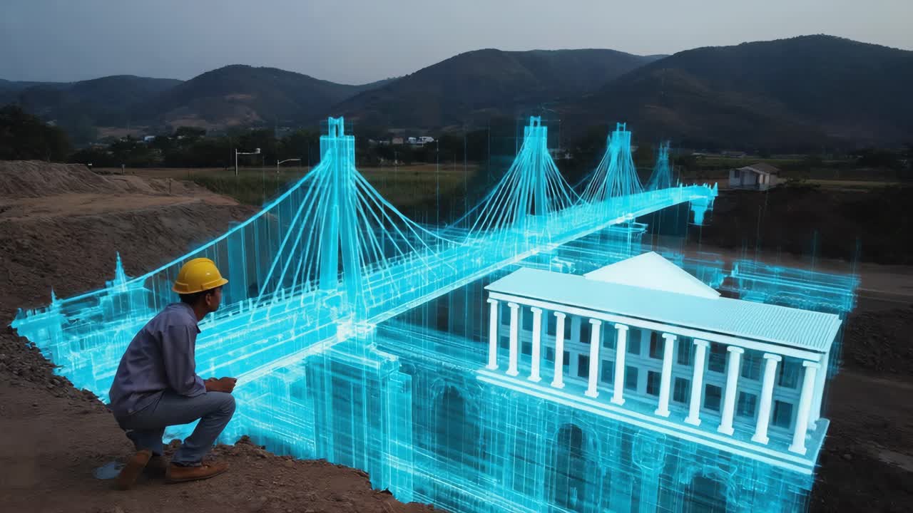 Engineer Examining Holographic Digital Twin of Bridge and Building