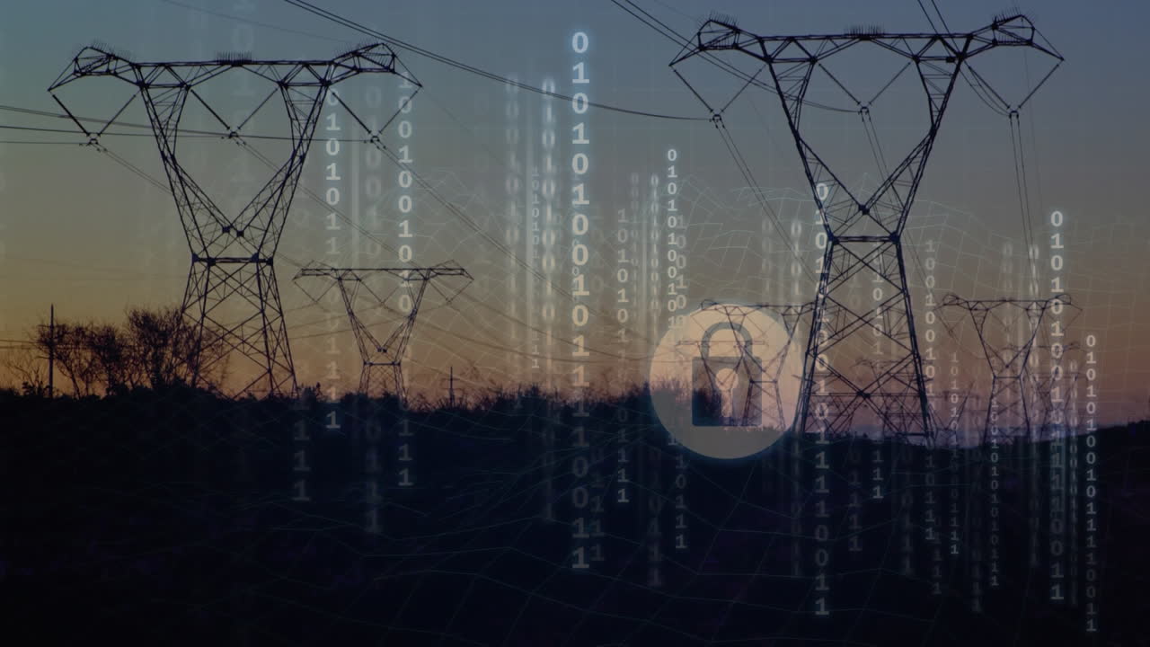 анимация обработки данных и двоичного кодирования над ландшафтом с электрическими столбами