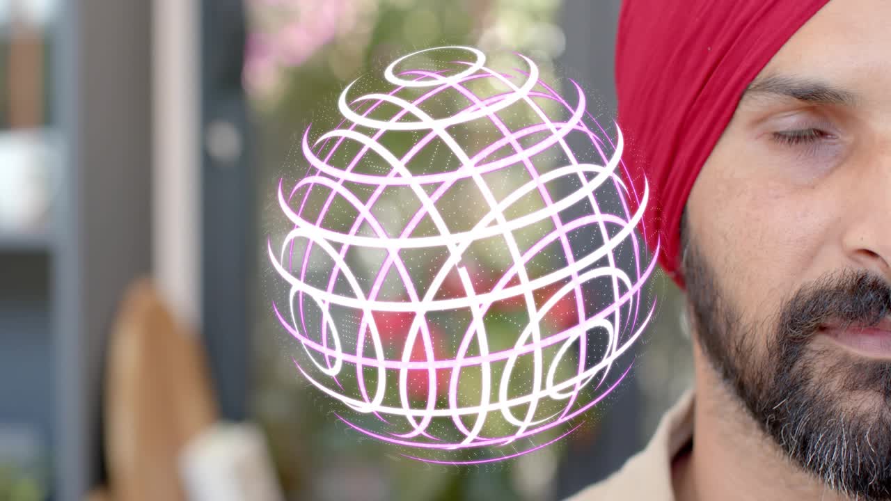 Man in turban opening eye and smiling as rotating wireframe sphere appearing in front, showing tech
