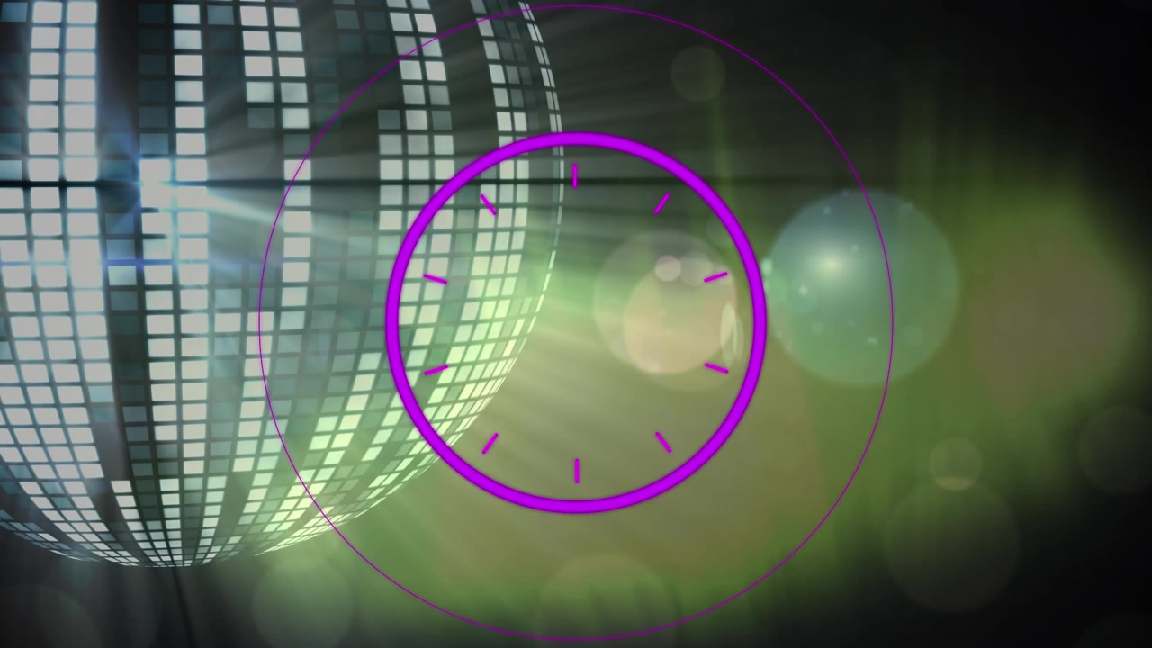 Animation of circular pink scope rotating, with bokeh lights and mirrorball