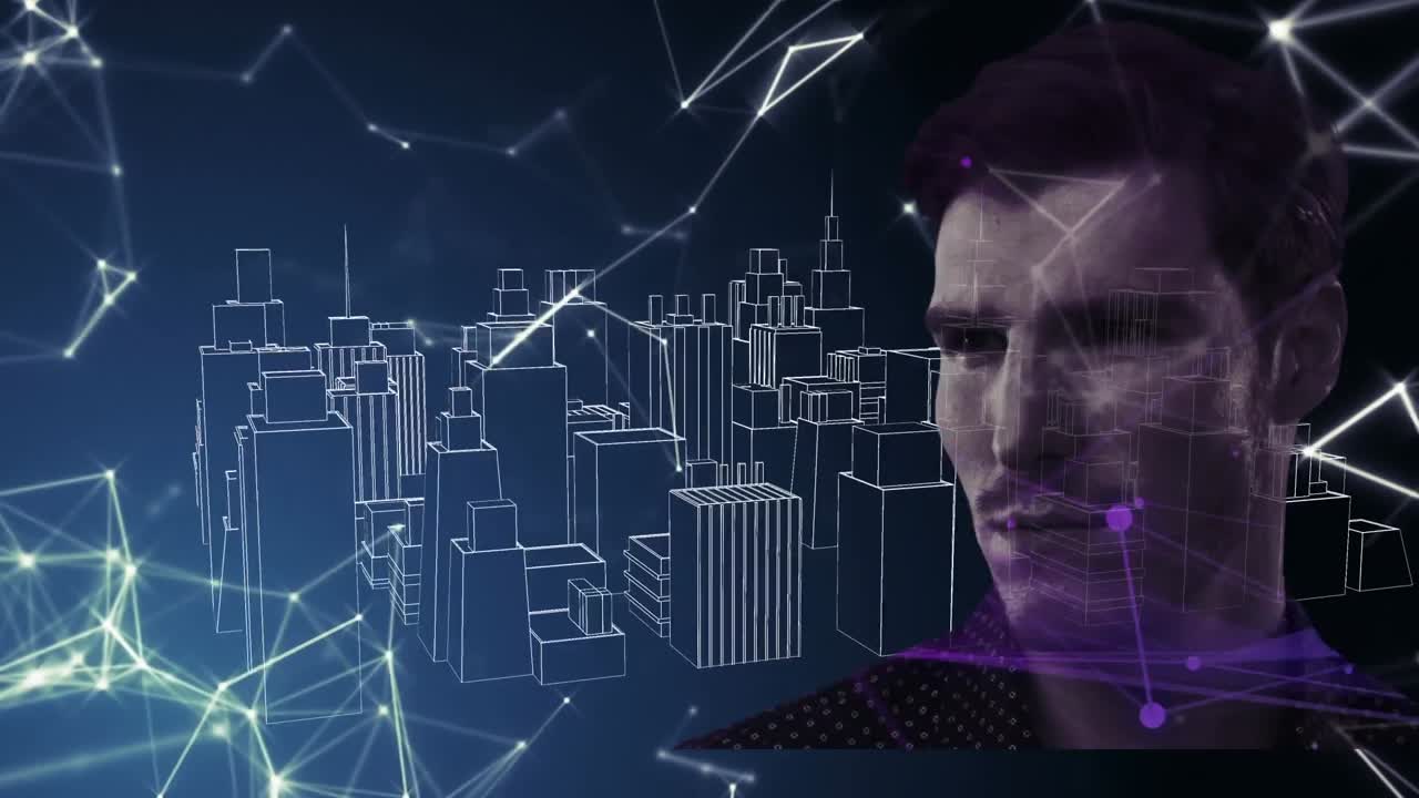 Man over network of connections against 3D city model spinning
