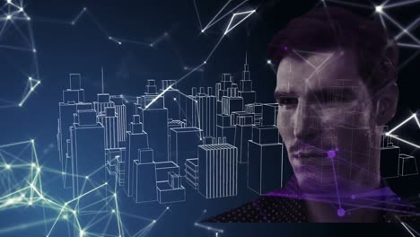 hombre sobre la red de conexiones contra el modelo de ciudad 3d girando