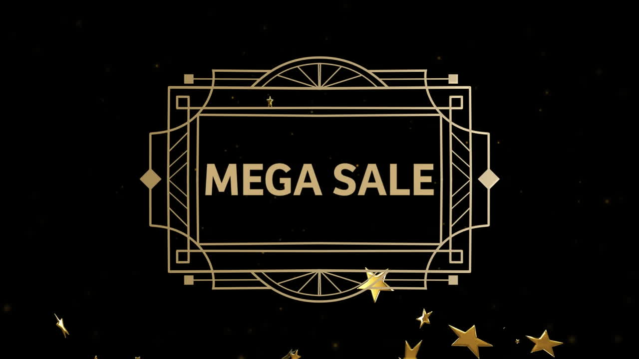 검은 바탕에 메가 판매 텍스트와 별의 애니메이션