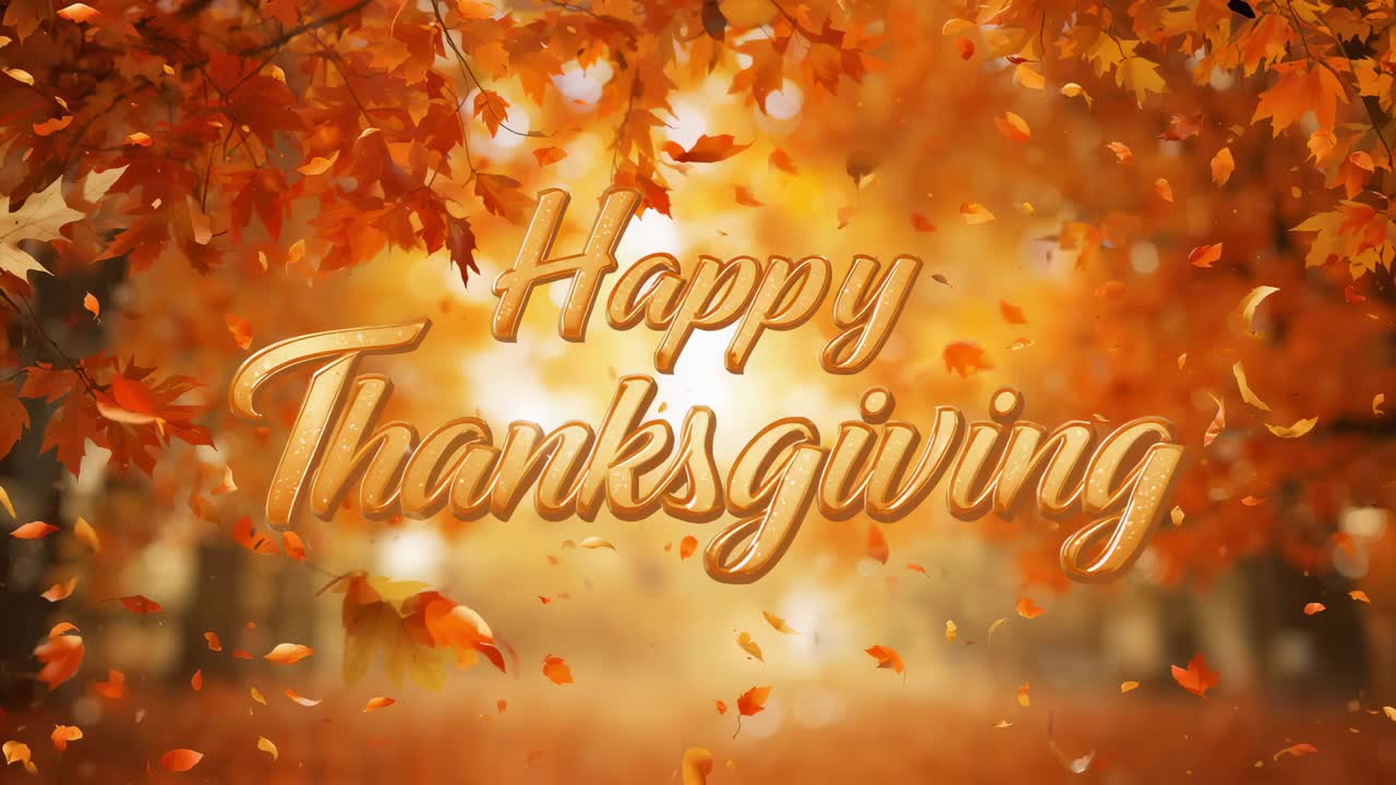 公園の小道を横切ってカエデの葉を運ぶ穏やかなそよ風が、金属製の「Happy Thanksgiving」を際立たせています。