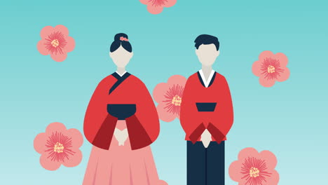 korean culture animation with couple and flowers