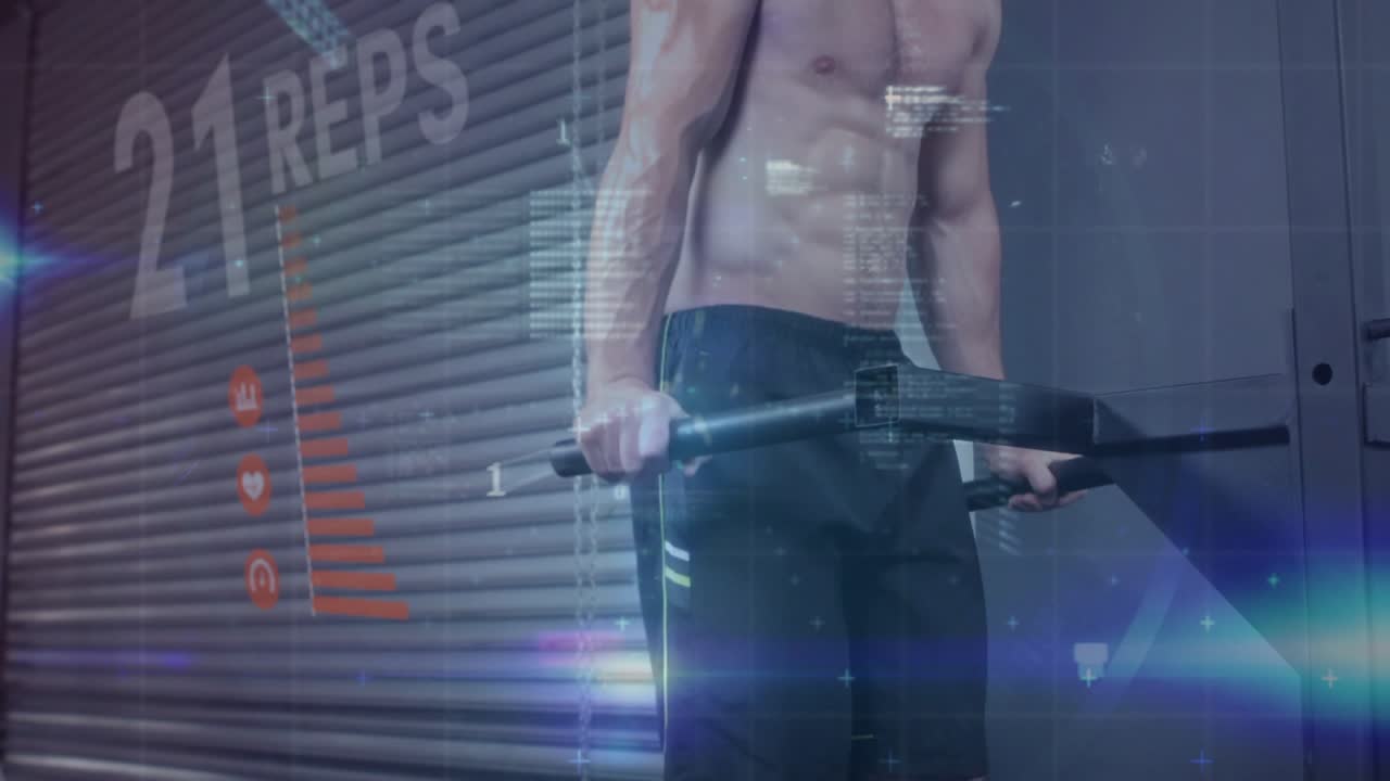 Man gripping dip bars and HUD cue, performing controlled dips while fitness charts tracking reps