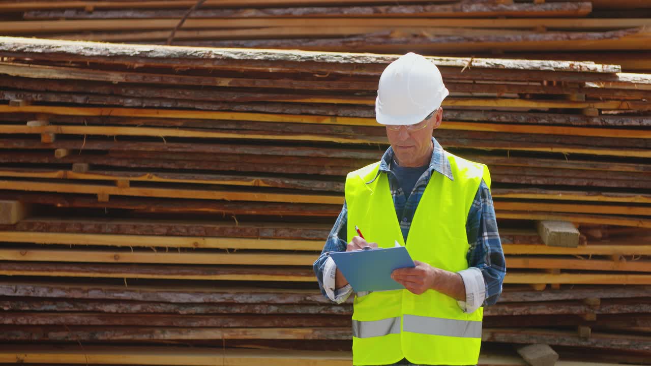trabajador masculino examinando la pila de tablones 14