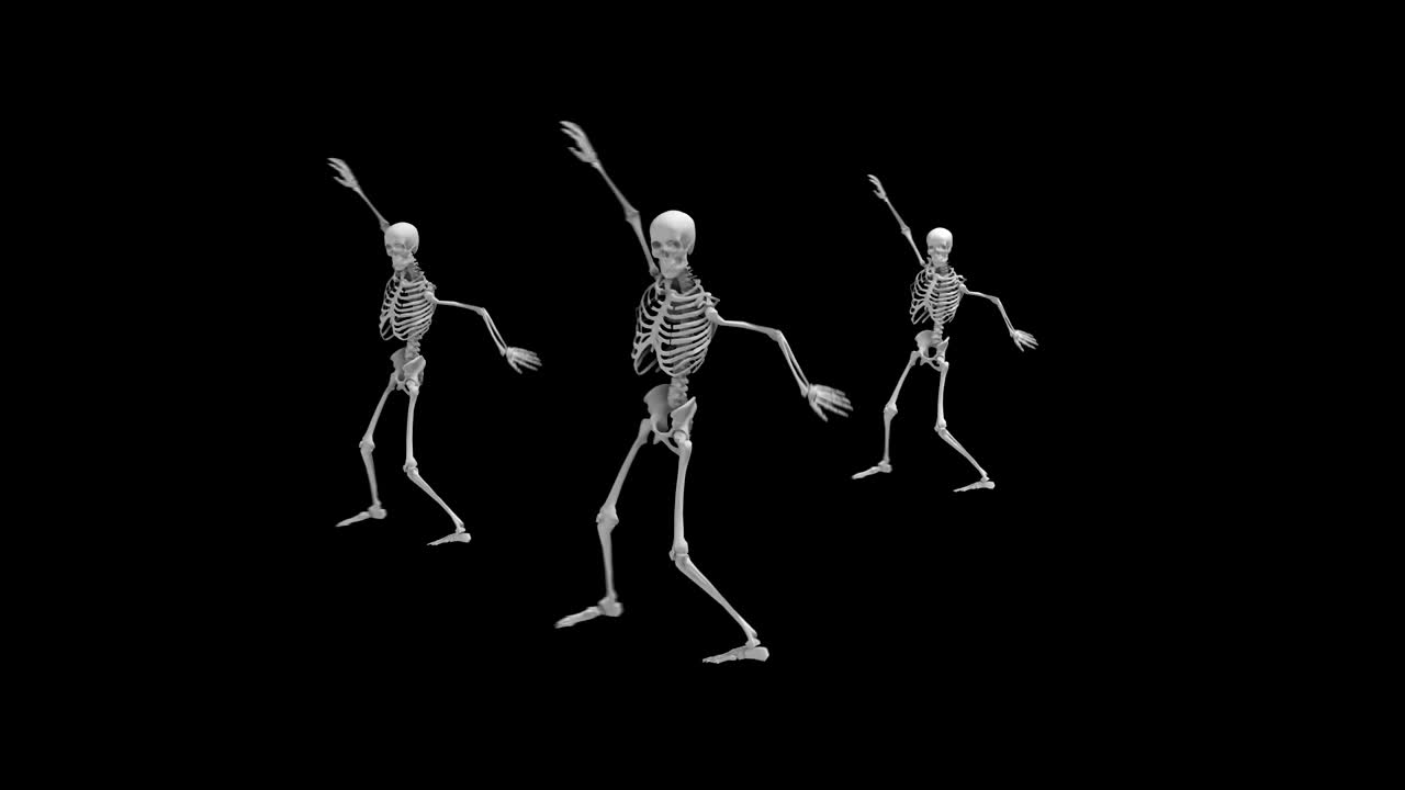 tres esqueletos de baile en un fondo negro aislado con suelo reflectante, animación de bucle sin costuras