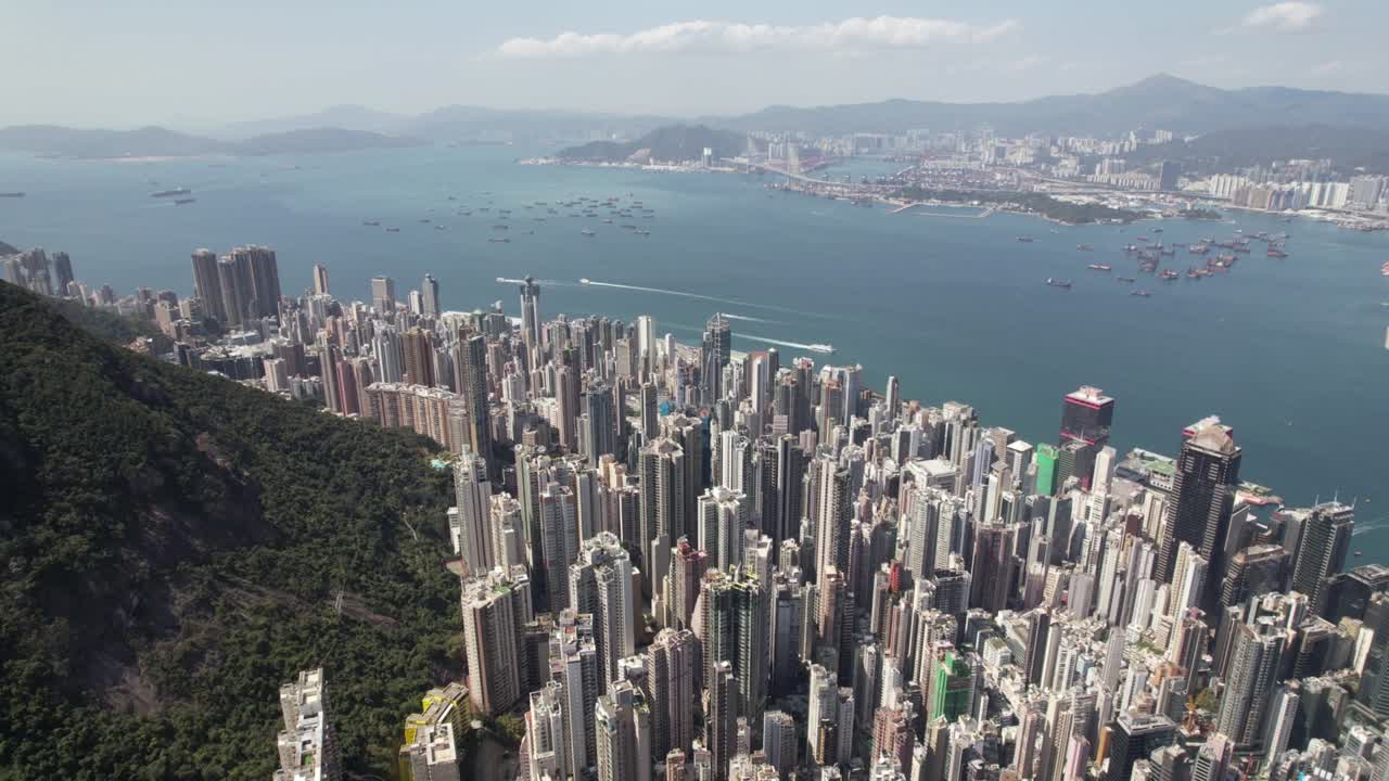 hong kong, centro, distrito financiero punto de vista de avión no tripulado