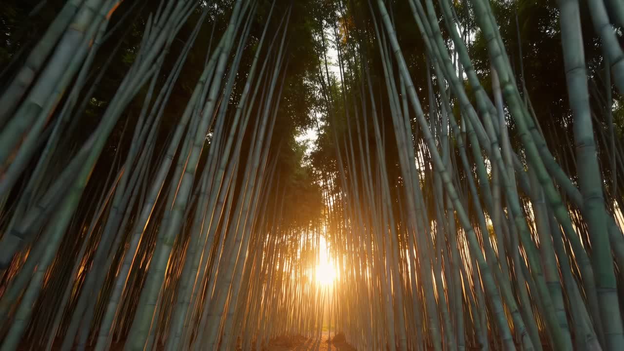Bamboo forest scene transitions from dusk to dawn, showcasing vibrant sunlight filtering through tall green stalks, creating a serene and tranquil atmosphere in nature's embrace
