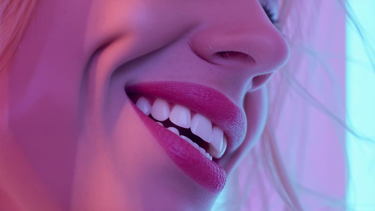 Opening shot capturing pink lips shifting from parted to broad smiling under neon glow, copy space