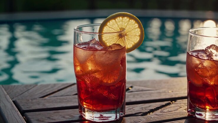 Refreshing Cocktail with Lemon Slice by a Swimming Pool