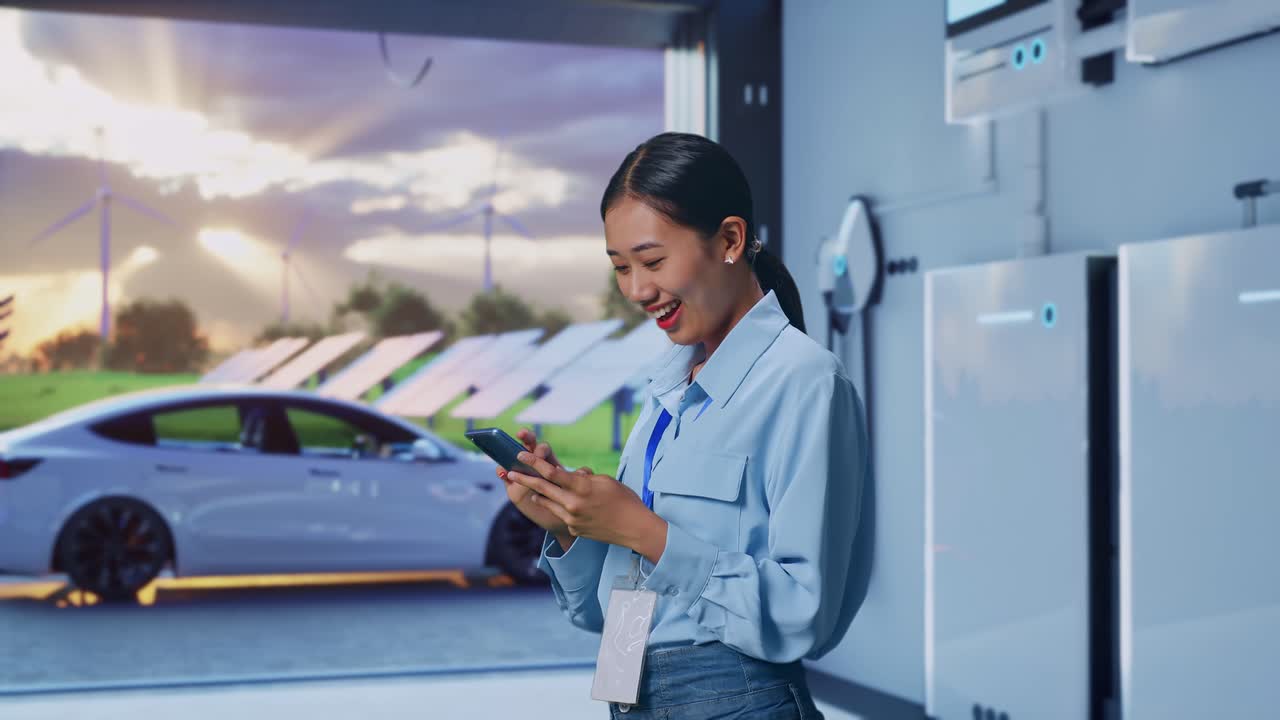 Side View Of Asian Female With Her Smartphone With Home Energy Storage System In a Modern Garage, Checking On Her Smartphone With Meditation