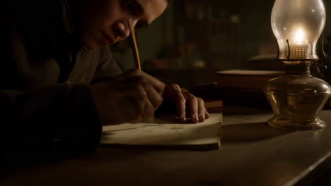 Person Drawing by Oil Lamp Light