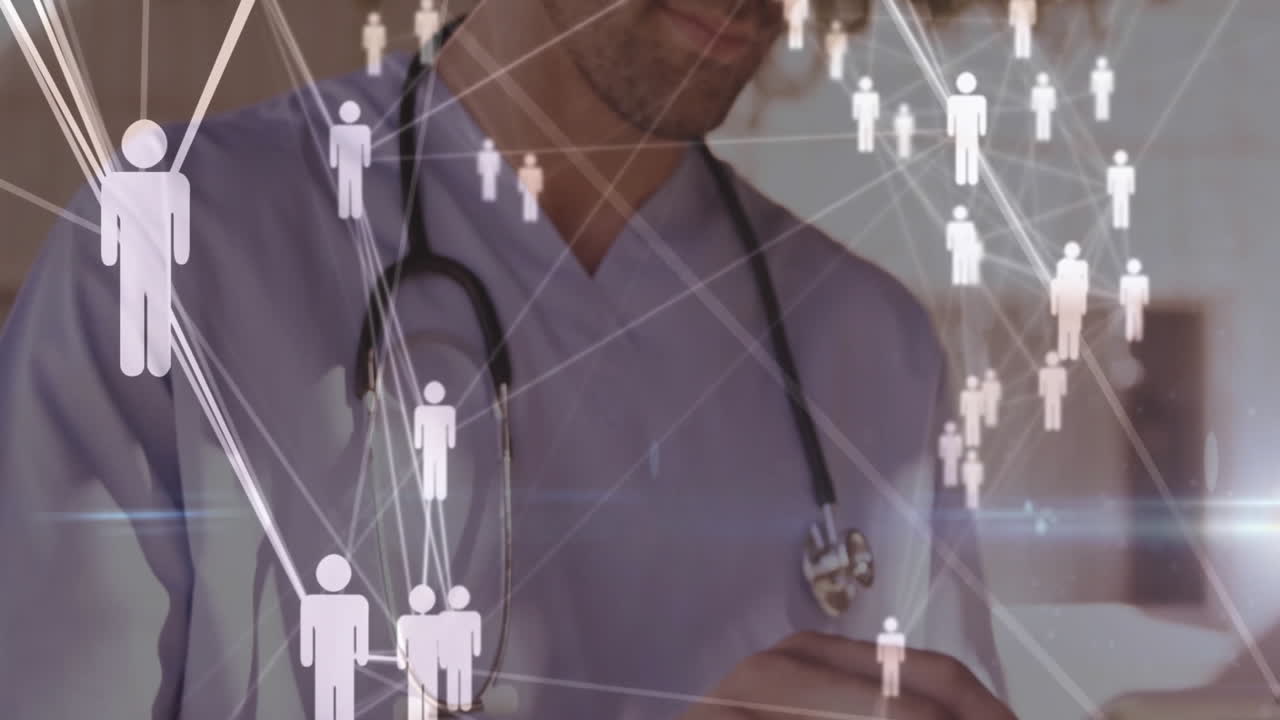 Mannlig lege gjennomgår telemedisindata på en klinikk, som viser nettverkskoblede menneskeikoner og linjer.