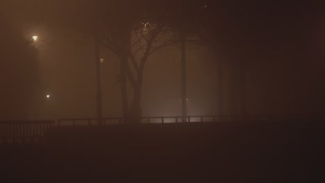 Van-driving-along-road-behind-wall-light-beams-dense-fog
