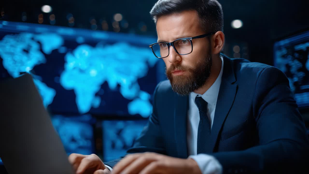 Fokusert profesjonell person som bruker bærbar PC på et moderne kontor med digitale verdenskart i bakgrunnen, engasjert i dataanalyse og strategisk planlegging for fremtiden
