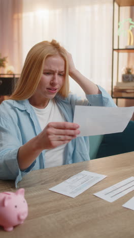 young woman reading bill at home sofa shock big eyes upset expression urgent paper worried mood