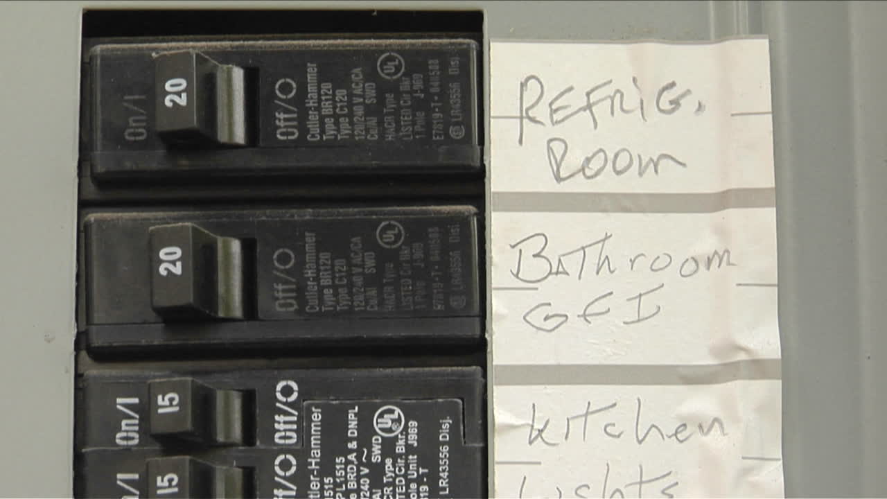 una caja de interruptores contiene etiquetas ordenadas