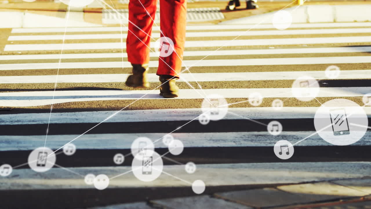 제브라 교차로를 가로지르는 사람들의 아이콘을 가진 연결 네트워크의 애니메이션