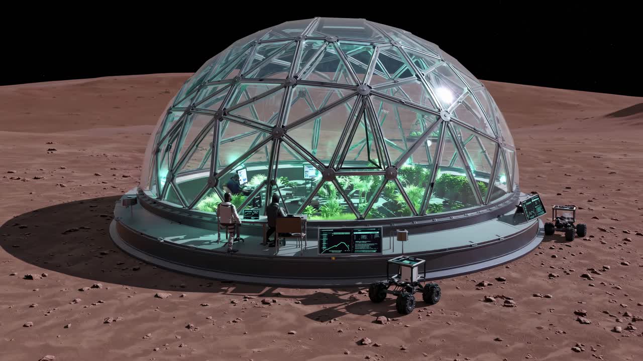 Mars Greenhouse Habitat with Astronauts and Robots