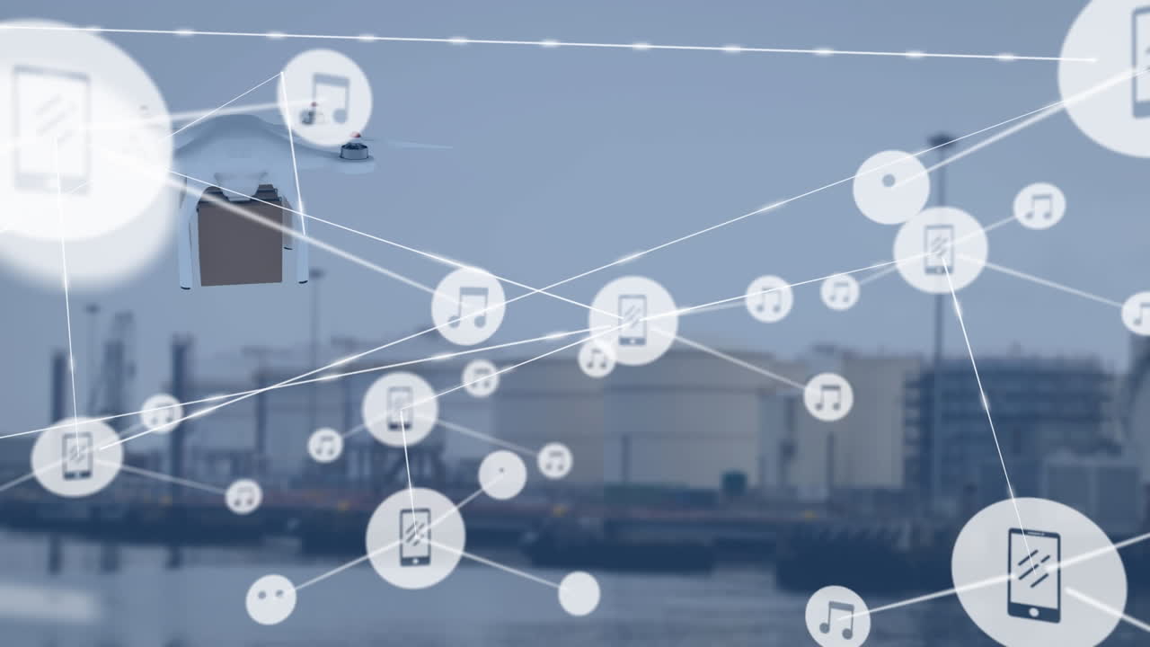 도시 풍경 위의 파일과 함께 드론을 통해 연결 네트워크의 애니메이션