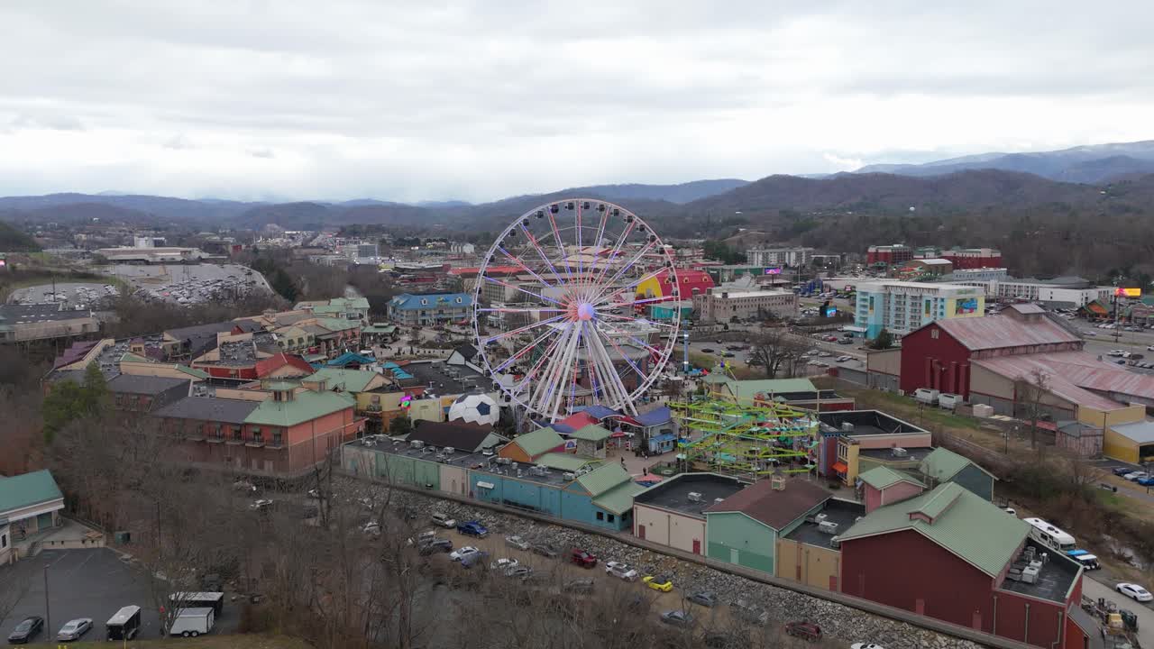 Static aerial shot of a ferris wheel in Piegon Forge, TN.