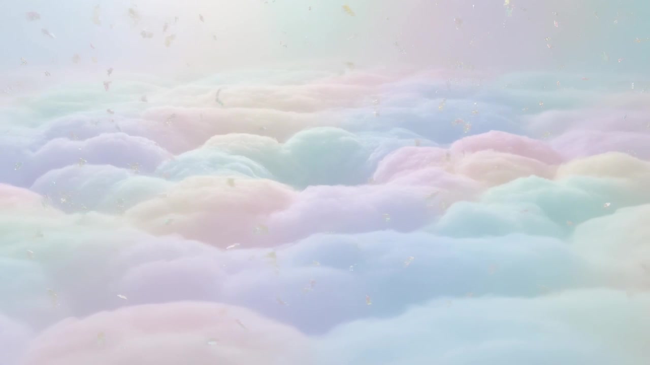 Pushing camera guiding pastel cloud bank shifting toward horizon under upper-left light, particles