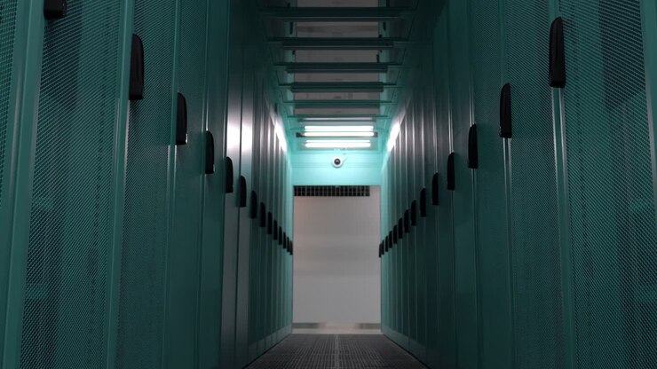 Industrielt datacenter i fabriksmiljø med rækker af gule serverkabinetter, kontrolrum, højteknologiske strøm- og datasystemer, effektivitet inden for produktion og energistyring