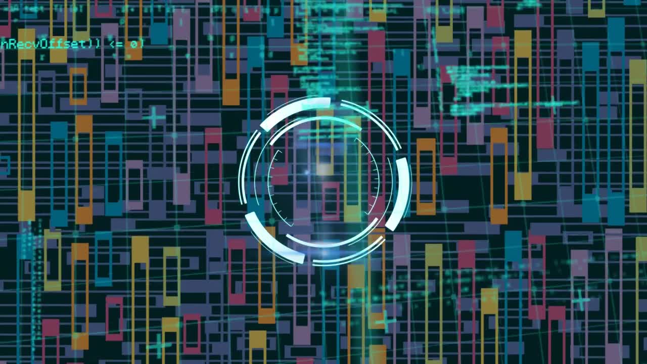 Neon round scanner over data processing against abstract colorful shapes on blue background