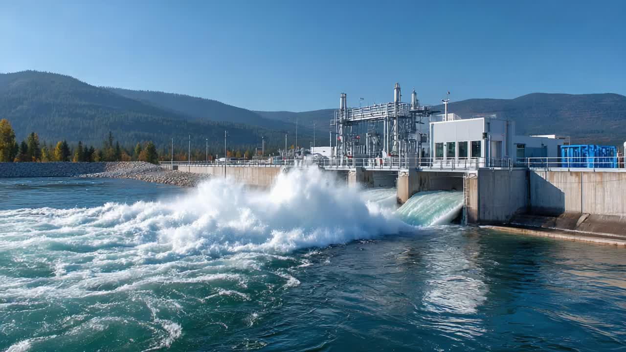 Dynamic Water Flow at a Hydro Power Plant: Capturing the Essence of Energy Production During Peak Operations with Waves and Turbines in a Scenic Landscape