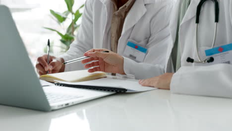 laptop, doctor and team with hands