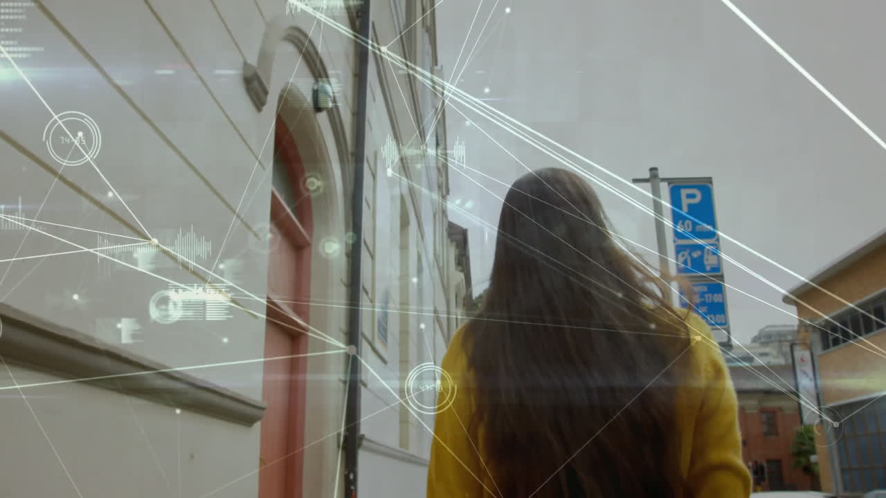 Walking down street, woman with long hair over network connections animation