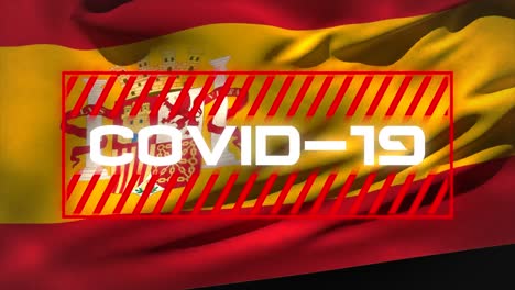 Animación-De-La-Palabra-Covid-19-Escrita-Sobre-Una-Bandera-Española-Al-Fondo.