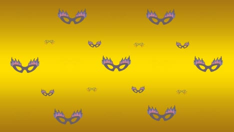 Animation-of-grey-masquerade-masks-on-yellow-background