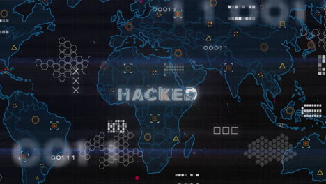 Animation of hacked text in circuit board pattern over map and binary codes on black background