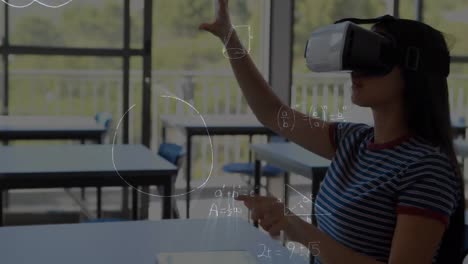mathematical equations floating against caucasian girl wearing vr headset at elementary school