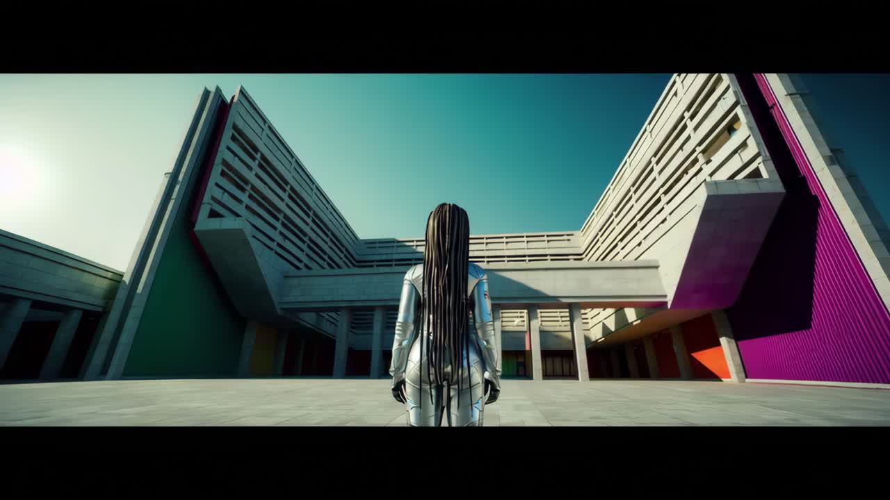 mujer de traje plateado frente a un edificio de hormigón futurista