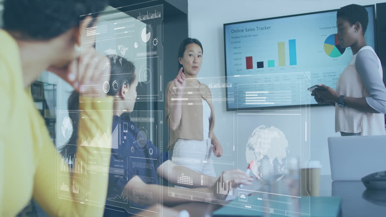 회의실에서 다양한 팀의 비즈니스 데이터 분석 애니메이션