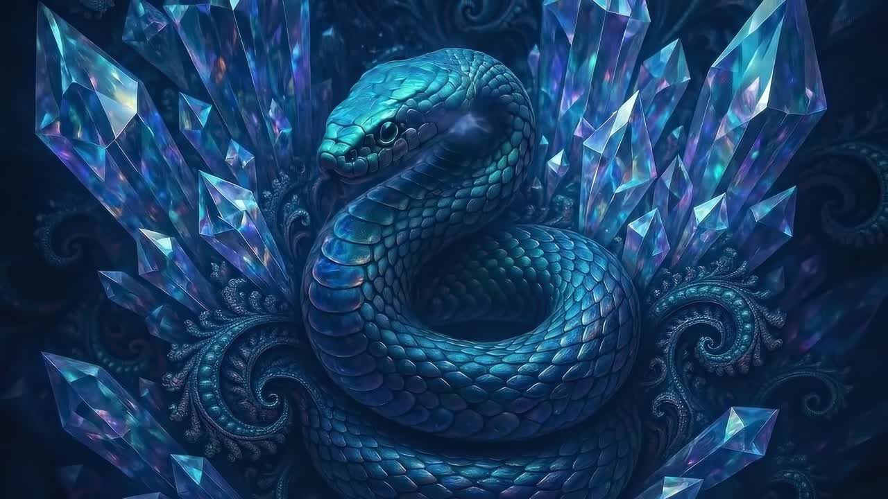 Vista aerea di un serpente blu avvolto tra i cristalli, in uno stile video mistico e fantasy.