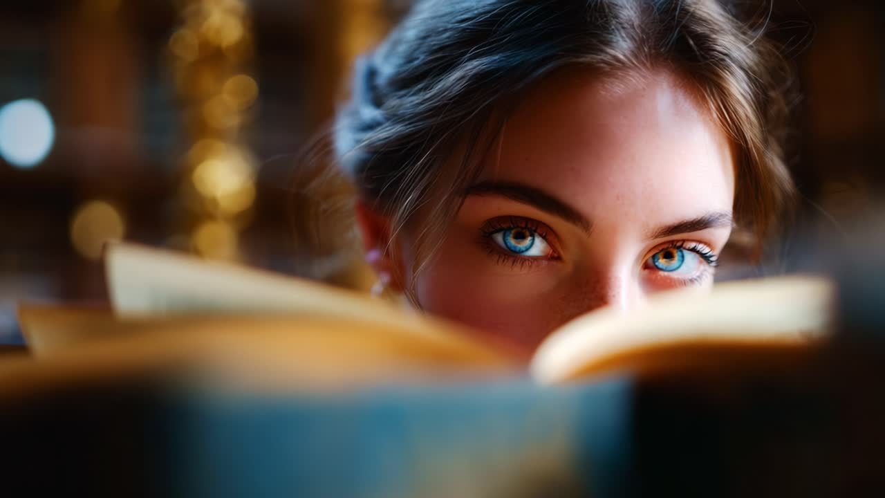 A close-up view of a young woman with striking blue eyes peering over the pages of an open book, immersed in contemplation within an ancient library setting, surrounded by wisdom