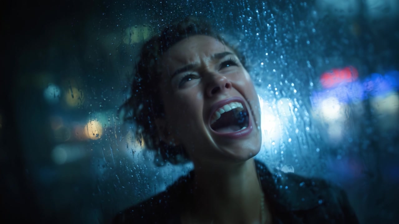 Ritratto carico di emozione di una donna sotto la pioggia che esprime profonda disperazione e vulnerabilità mentre le luci della città si riflettono sul vetro della finestra