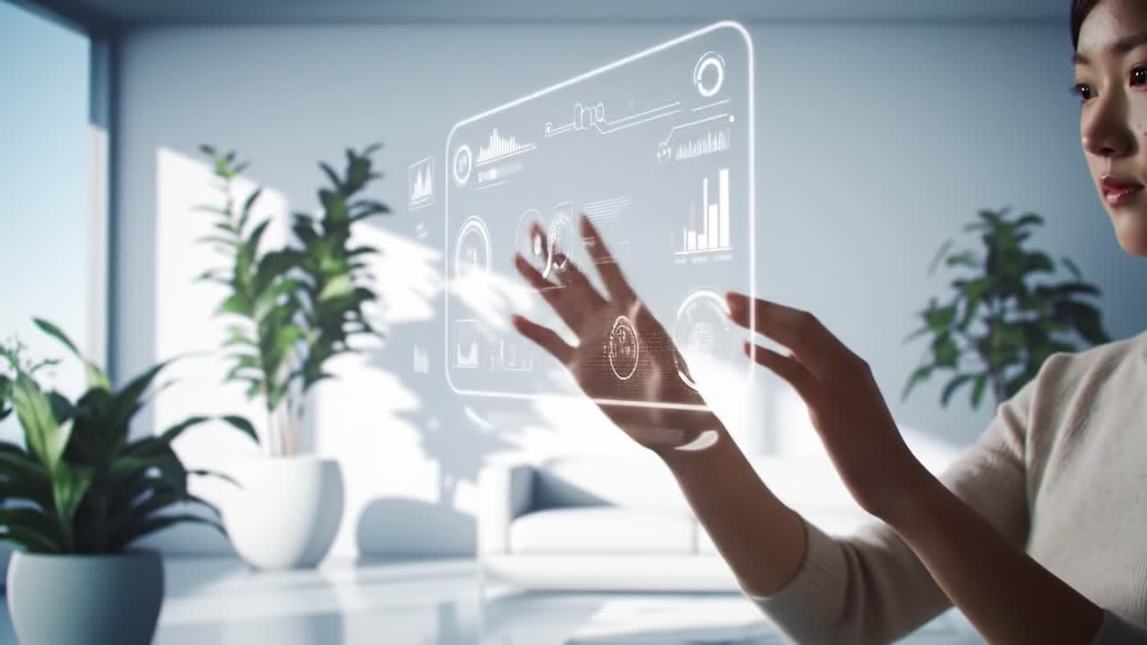 Woman interacting with a futuristic holographic smart home interface