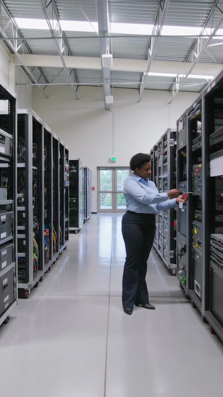 Video verticale: Tecnico con la camicia blu che cammina testando le porte del rack in un corridoio di un data center, usando un tester.