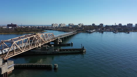 an aerial shot over grassy bay in queens, ny