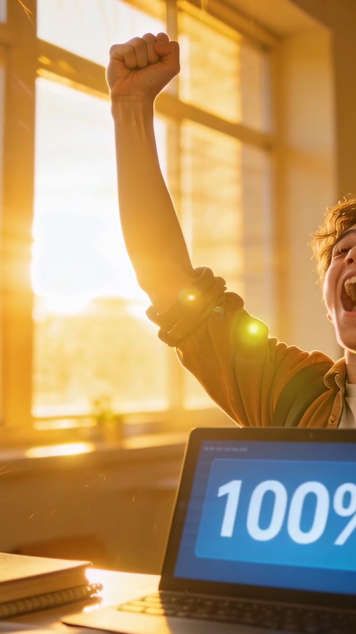 Vertical video: Cheering student in tee raising fist at desk by window, laptop at 100%, copy space
