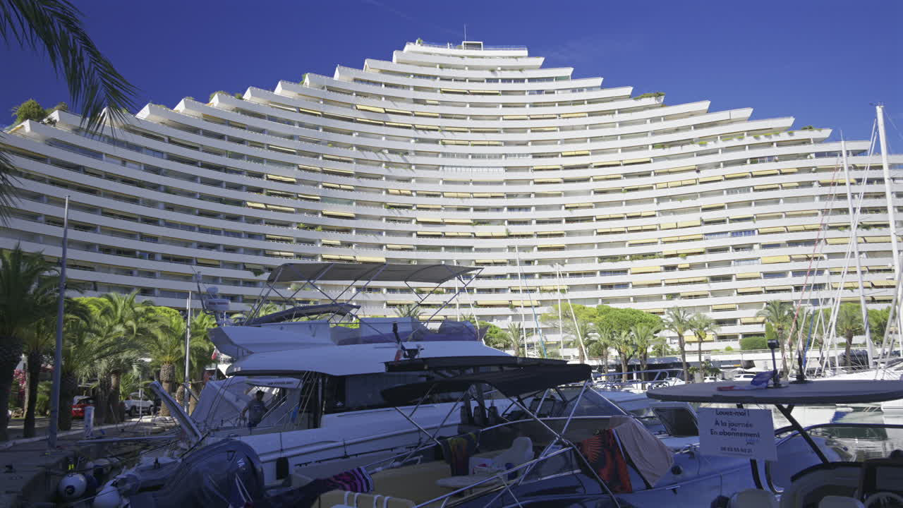 Villeneuve-Loubet, France - June 7, 2025: Boats docked in the Marina Baie des Anges in daylight