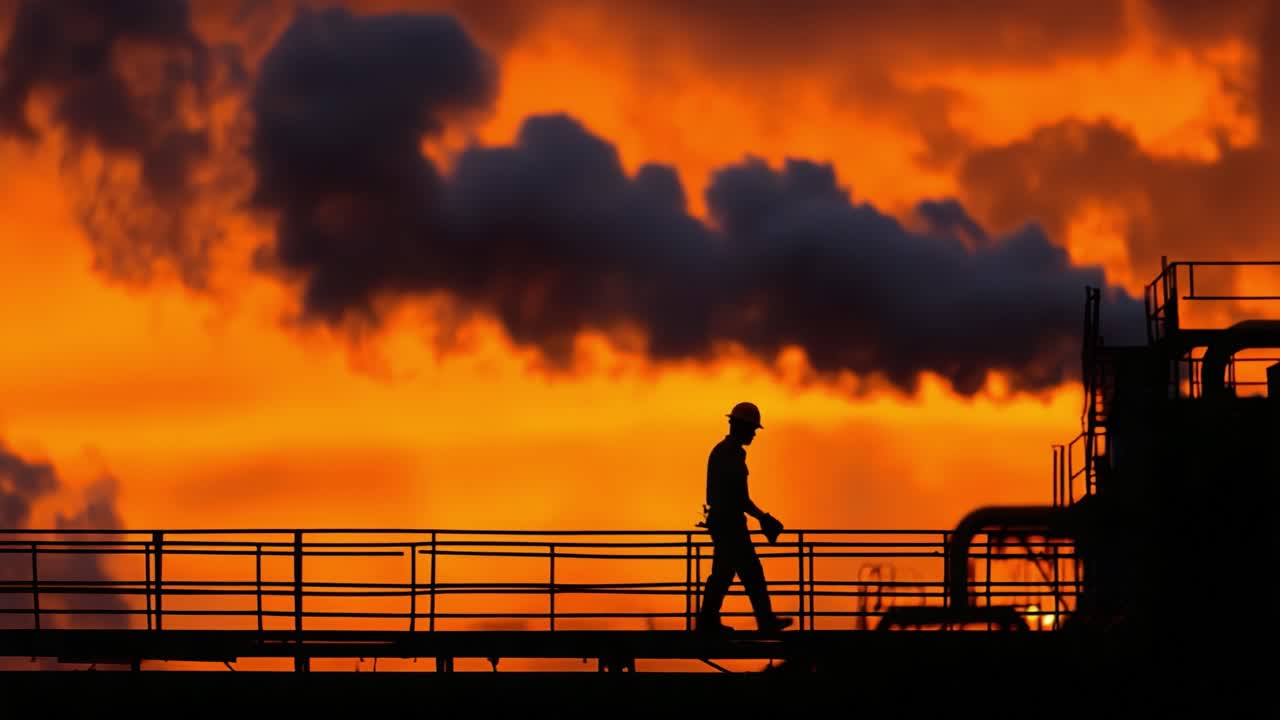Silhouetted Worker Walking Along Industrial Platform Against Dramatic Sunset Sky, Capturing the Intersection of Human Endeavor and Nature's Beauty