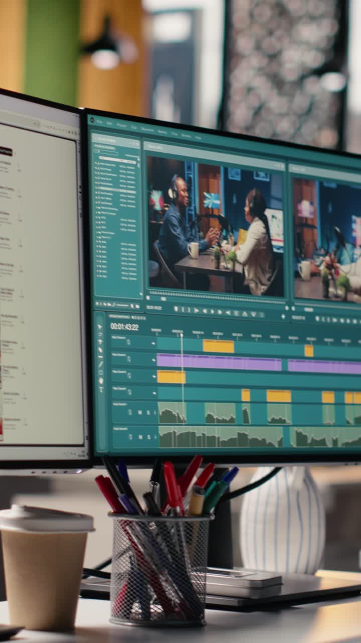 Vertical Video No People In Office, Video Editing Software, Streaming Platform, On Dual Monitor